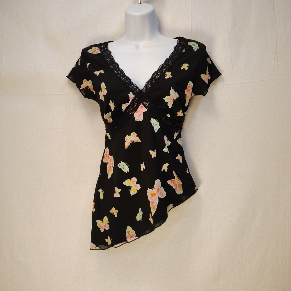 Vtg 90s Y2K Self Esteem Dark Butterfly Top S Asymmetric Hem Lace Trim‎ Fairycore